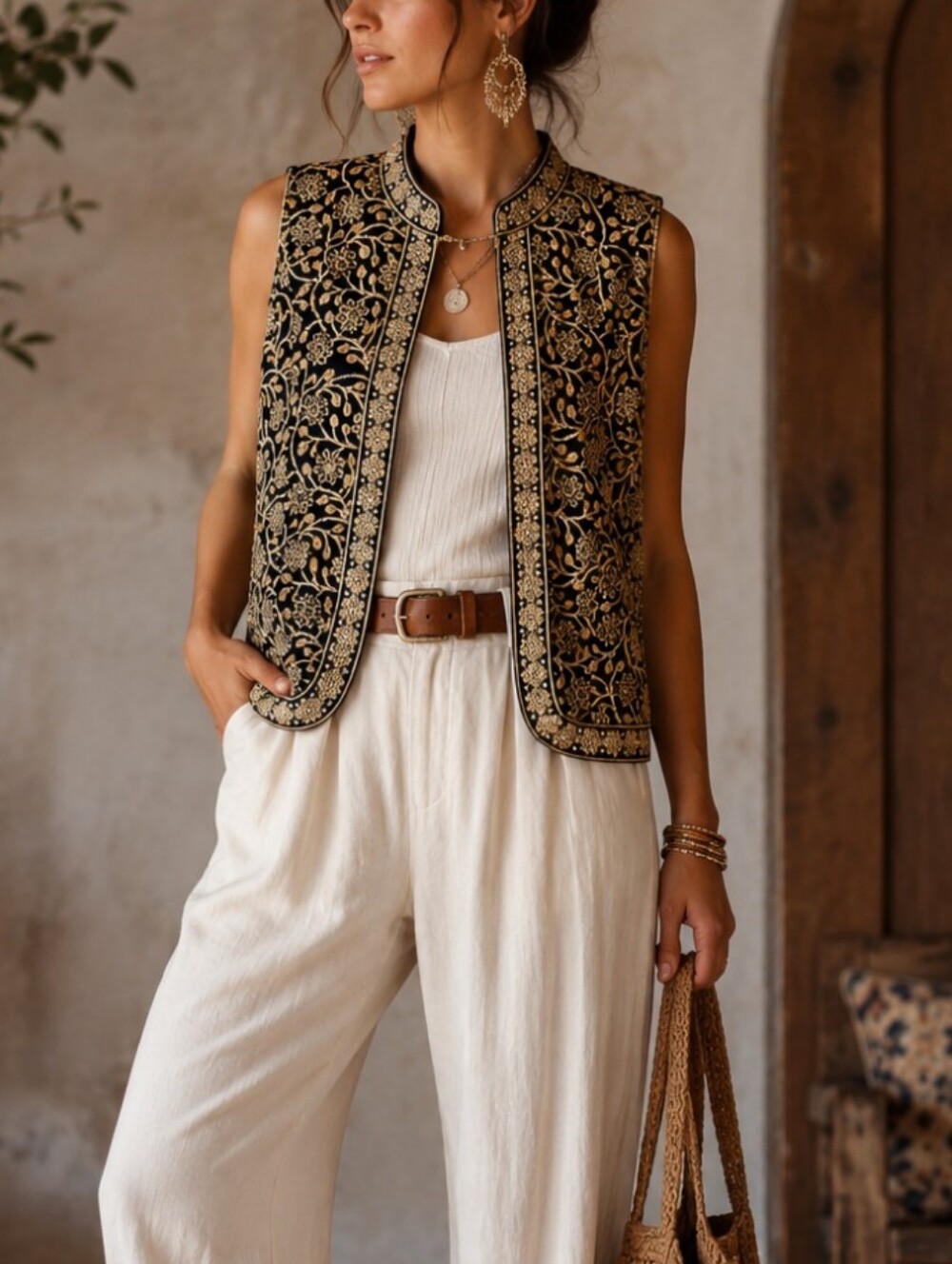 Embroidered Navy Blue Gold Exquisite Jeweled Floral Scroll Vest Embellished